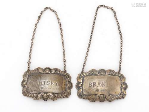 Two silver decanter labels comprising whisky and brandy by A Chick & Sons Ltd, London 1989, each 6cm