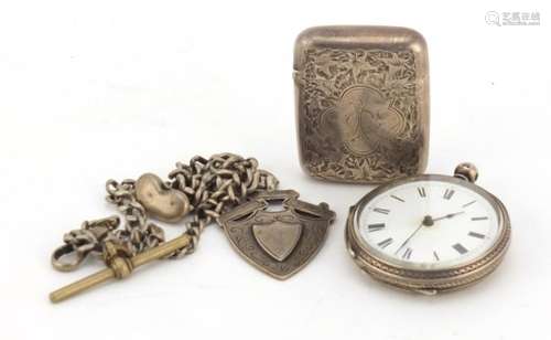 Victorian silver vesta and a silver pocket watch with silver watch chain and jewel, the vesta