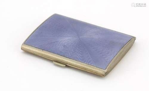 Rectangular gold cased cigarette case, the hinged lid with purple guilloche enamel decoration, 8.5cm