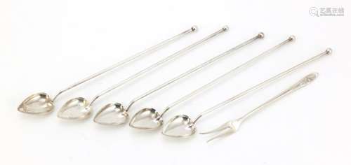 Set of five sterling silver iced tea spoons by Wallace and a sterling silver fork, the spoons 21cm