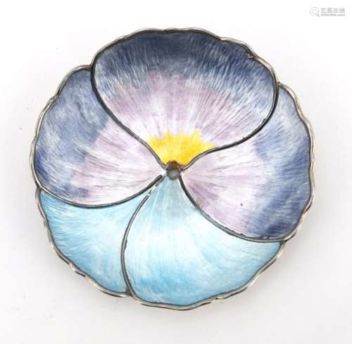 Circular silver and guilloche enamel flower head dish by Arthur Johnson-Smith, Birmingham 1946,