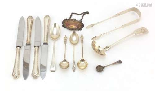 Silver flatware including a Georgian Scottish ladle, sugar tongs and teaspoons, various hallmarks,