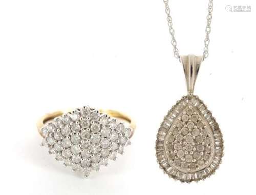 9ct white gold diamond cluster pendant on chain and a 9ct diamond cluster ring, size K, 6.0g : For