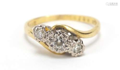 18ct gold diamond three stone crossover ring, size N, 3.4g : For Further Condition Reports Please