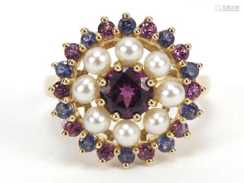 9ct gold multi gem and seed pearl ring, size O, 3.8g : For Further Condition Reports Please Visit