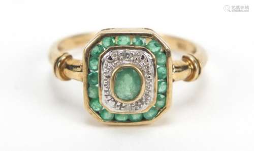 Art Deco style 9ct gold emerald and diamond ring, size K, 2.0g : For Further Condition Reports