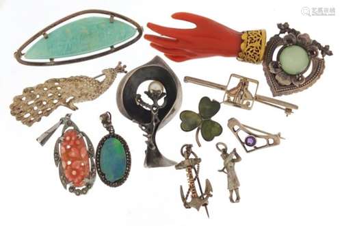 Antique and later jewellery including a Victorian coral style hand brooch, an Art Nouveau silver