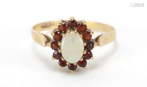 9ct gold opal and garnete ring, size P, 1.6g : For Further Condition Reports Please Visit Our