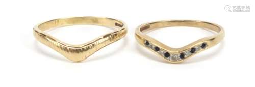 Two 9ct gold herringbone rings one set with sapphires, sizes Q and T, 3.4g : For Further Condition