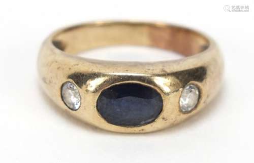 Unmarked gold sapphire and clear stone ring, size M, 4.8g : For Further Condition Reports Please