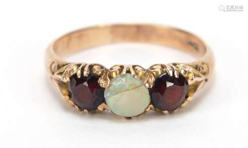 14ct gold opal and garnet ring, size O, 3.1g : For Further Condition Reports Please Visit Our