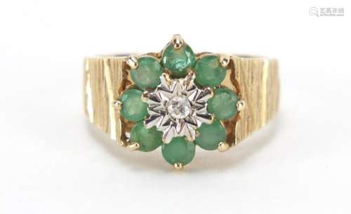 9ct gold diamond and green stone flower head ring, size L, 3.2g : For Further Condition Reports