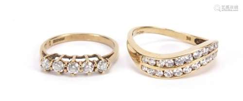 Two 9ct gold clear stone half eternity rings, size J and O, 3.6g : For Further Condition Reports