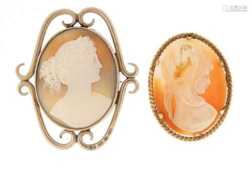 Two cameo brooches including one with 9ct gold mount, the largest 6cm in length : For Further