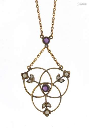 Art Nouveau gilt metal amethyst and seed pearl necklace, 40cm in length, 3.7g : For Further