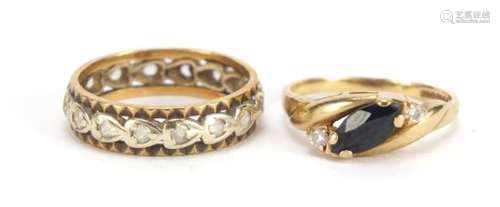 Two 9ct gold rings set with clear stones and sapphire, sizes J and L, 4.5g : For Further Condition