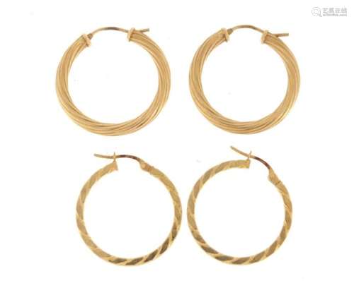 Two pairs of 9ct gold hoop earrings, the largest 2.6cm in diameter, 3.8g : For Further Condition