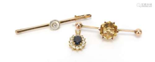 Two unmarked gold bar brooches and a pendant set with assorted stones including diamond and citrine,