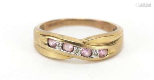 9ct gold diamond and pink stone crossover ring, size Q, 2.7g : For Further Condition Reports