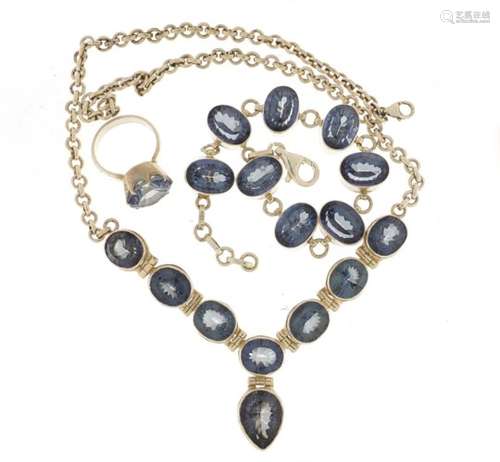 Silver blue stone necklace, bracelet and ring, 83.5g : For Further Condition Reports Please Visit