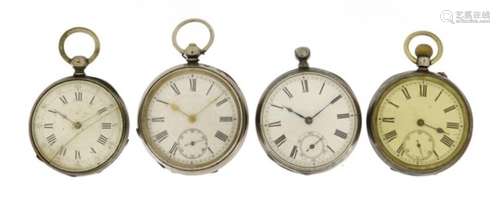 Four gentleman's silver open face pocket watches including Waltham, the largest 5cm in diameter :