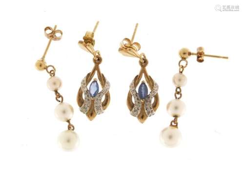 Two pairs of 9ct gold earrings set with diamond, sapphires and pearls, the largest 3cm in length,