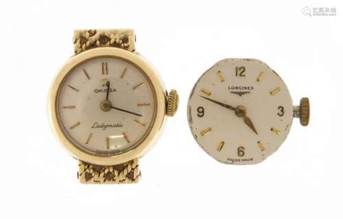 Ladies 9ct gold Omega Ladymatic wristwatch and a Longines watch movement : For Further Condition