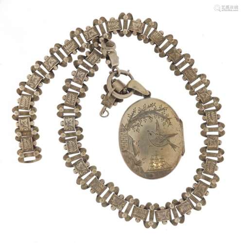 Victorian Aesthetic silver colour metal locket on a necklace, the pendant 6cm in length, 37.0g : For