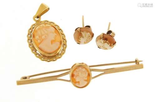 9ct gold cameo jewellery comprising brooch, pendant and earrings, the brooch 5.5cm in length, 4.8g :