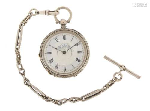 Ladies silver open face pocket watch with enamelled dial on a silver chain, 3.6cm in diameter :