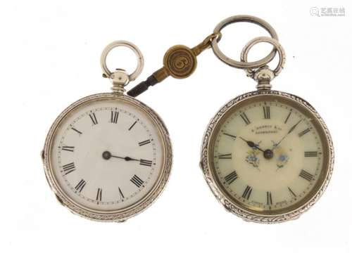 Two ladies silver open face pocket watches with enamelled dials, the largest 4cm in diameter : For