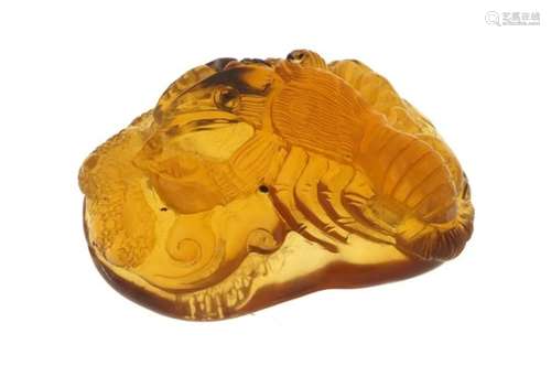 Natural amber coloured pendant decorated with a lobster, 6cm in length, 23.2g : For Further