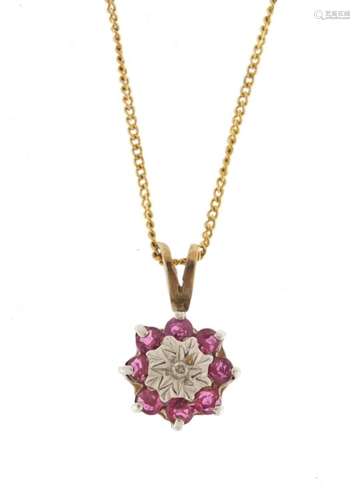 9ct gold diamond and ruby pendant on a 9ct gold necklace, 40cm in length, 1.4g : For Further