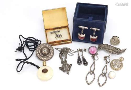 Costume jewellery including silver marcasite, Victorian brooch, cufflinks and earrings : For Further