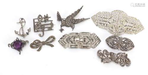 Mostly marcasite jewellery some silver including Art Deco examples, the largest 8.5cm in length :