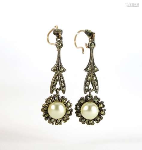 Pair of antique design silver marcasite and simulated pearl earrings, 4.5cm in length, 3.8g : For