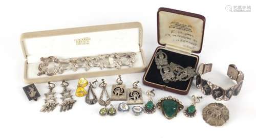 Mostly silver jewellery including Siam bracelet and earrings, green hard stone brooch and earrings