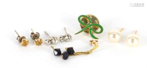 Three pairs of earrings, one loose earring and a enamelled tie-pin : For Further Condition Reports