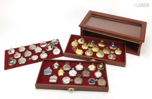 Forty two gentleman's pocket watches including some gold plated with cloisonne, housed in a mahogany