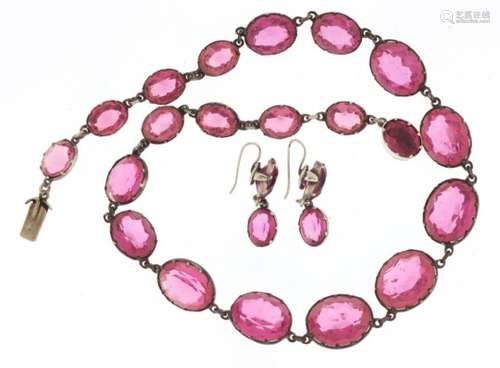 Antique unmarked silver faceted pink stone necklace with matching earrings, the necklace 38cm in