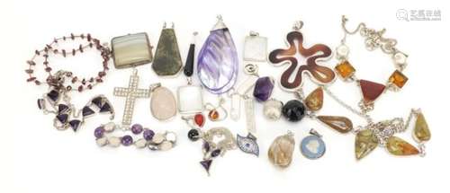 Group of silver jewellery mostly set with semi-precious stones including necklaces, bracelets and