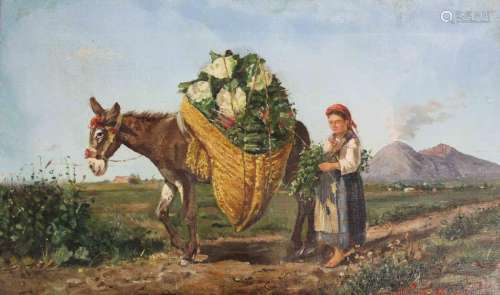 INDISTINCTLY SIGNED (XIX). Donkey with flower girl in