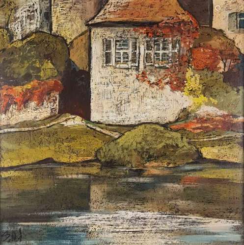 Siegfried RISCHAR (1924-2009). Houses on a river.