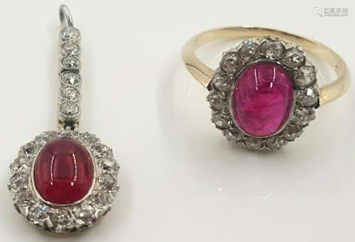Set. Ring with ruby ??(Burma) and 14 diamonds.