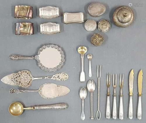 Boxes, cutlery, napkin rings, hand mirror.