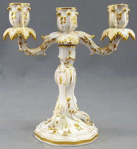 Three-flame candlestick. Meissen, with gold decoration.