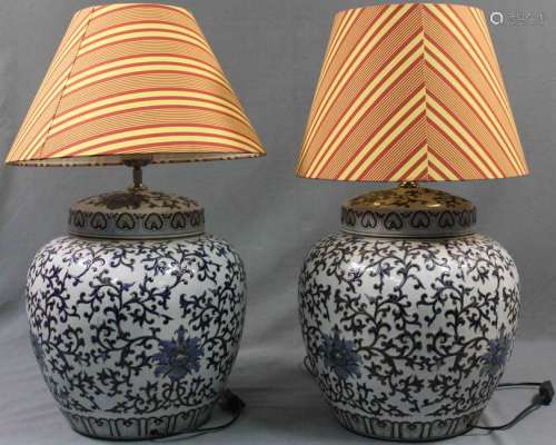 2 ginger pots converted into lamps. Porcelain. Proably