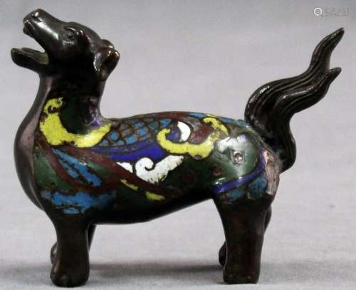 Bronze dog with cloisonne. Proably China old. 10 cm