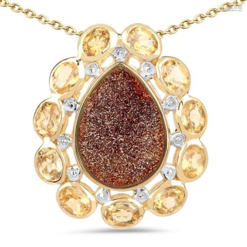 14K Yellow Gold Plated 5.14 Carat Genuine Red Droozi and Citrine .925 Sterling Silver Pendant