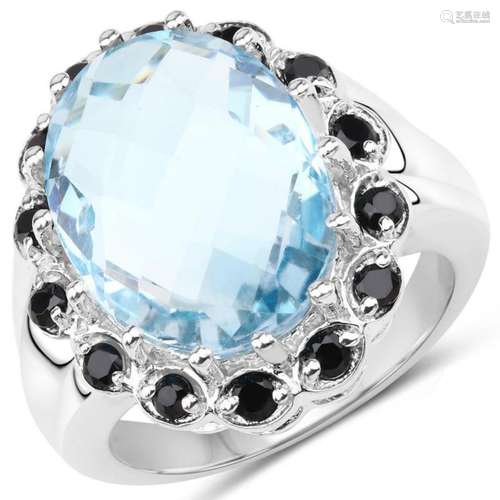 12.49 Carat Genuine Blue Topaz & Black Spinel .925 Sterling Silver Ring (size 8)